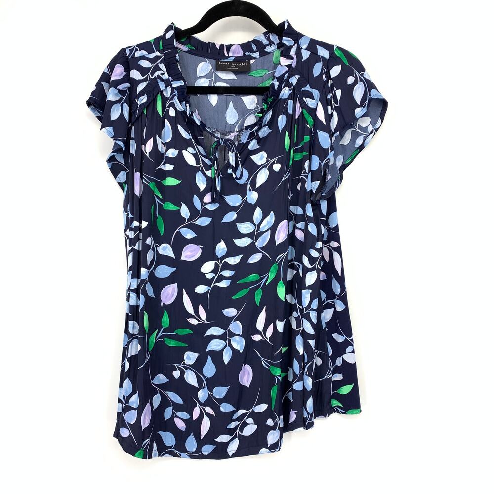 Lane Bryant Short Flutter Sleeve Tie Neck Blouse Womens Sz 14/16 Blue Floral